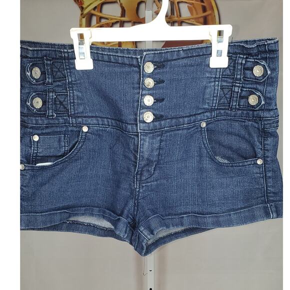 Almost Famous Women’s Blue High Waist Button Front Denim Shorts Size 13 - Picture 3 of 7